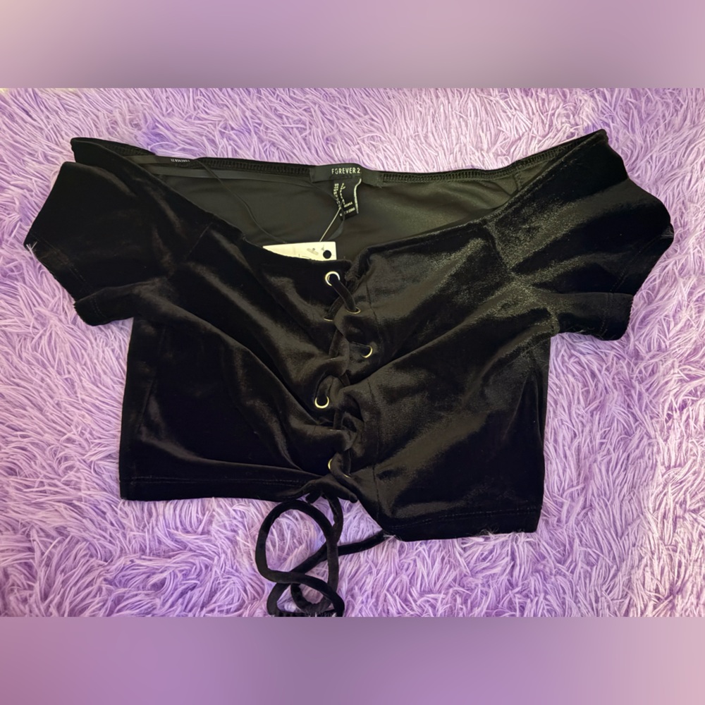 Forever 21 Black Velvet Lace-Up Crop Top